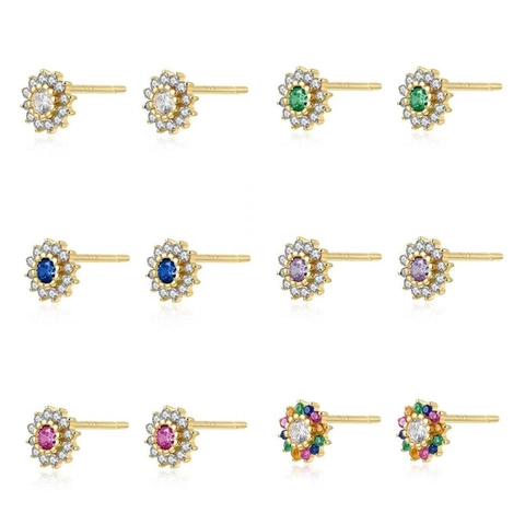 Sunflower Zircon Stud Earrings Copper With 925 Sterling Silver Earring Post Geometric Flower Jewelry For Women