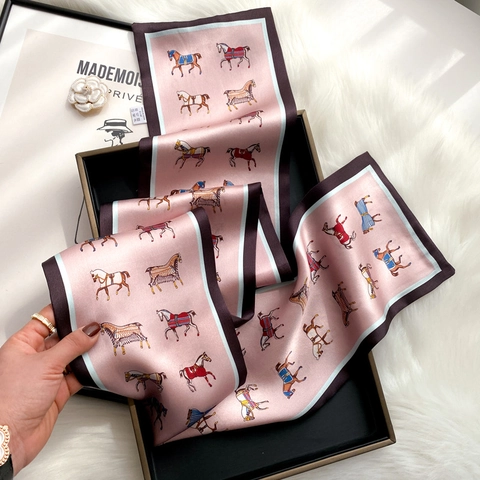 Mulberry Satin Narrow Long Scarf Equestrian Horse Print Elegant Hairband Neck Tie Fashion Accessories For Women