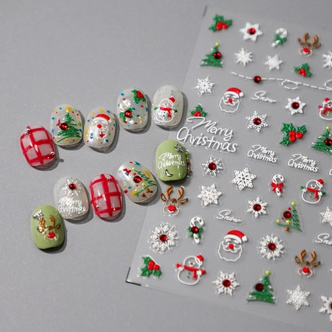 Christmas 3D Embossed PET Nail Stickers Santa Claus Snowflake Reindeer Relief Self Adhesive Manicure Decor Rhinestones