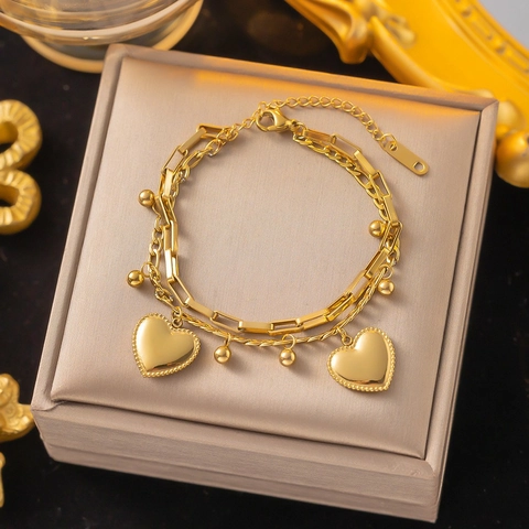 Bracciale Con Pendente A Cuore A Doppio Strato Acciaio Al Titanio Vintage Elegante Perline Tonde Catena Regolabile Per Donna