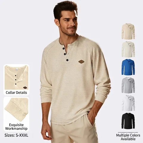 Herren Henley Shirt Waffelstrick Langarm Atmungsaktiv Raglan Casual Einfarbig Pullover Top