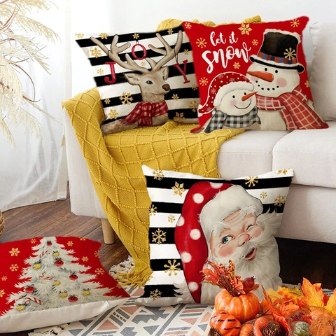 Fundas De Cojín De Navidad Lino Reno Muñeco De Nieve Papá Noel Fundas Decorativas Para Sofá Hogar Decoración Festiva