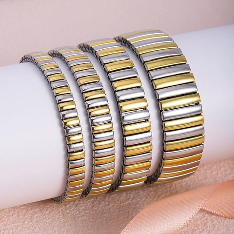 Stainless Steel Elastic Bracelet Two-Tone Gold Silver Stretchable Watch Band Style Geometric Jewelry For Women