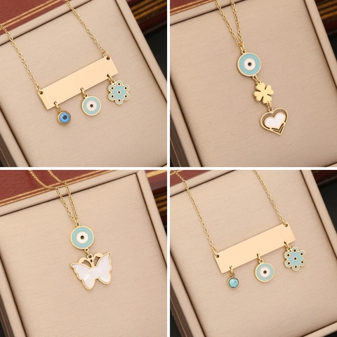 Evil Eye Anhänger Halskette Edelstahl Emaille Schmetterling Herz Blume Schlüsselbein Kette Einzigartiger Schmuck Für Damen