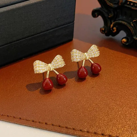 French Retro Cherry Bow Stud Earrings With Silver Earring Post Copper Zircon 18K Gold Plated Sweet Women Jewelry
