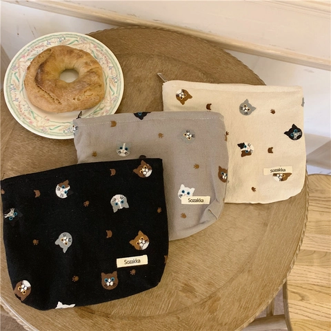 Trousse À Maquillage Avec Broderie Chat En Lin De Coton Style Japonais Pochette À Fermeture Éclair