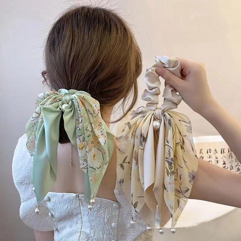Floral Print Satin Hair Scrunchies With Long Ribbon Streamers And Artificial Pearl Pendants Elegant Ponytail Holder For Women