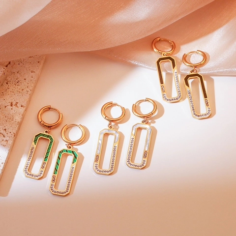 Rechteckige Geometrische Creolen Titanstahl Zirkon Perlmutt Malachit Emaille Inlay Minimalistischer Schmuck Damen