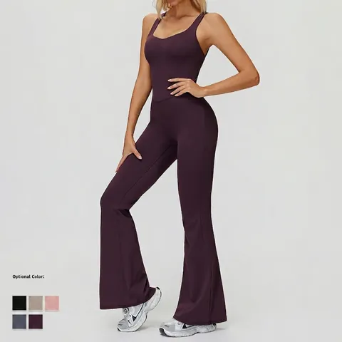 Dames Yoga Jumpsuit Uitlopende Pijp Sportkleding Mouwloos Kruislingse Rug Geborstelde Stof Bodysuit