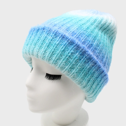Beanie Mütze Verlauf Tie-Dye Baumwolle Kaninchenhaar Gerippt Strick Warm Wintermütze Damen Mode