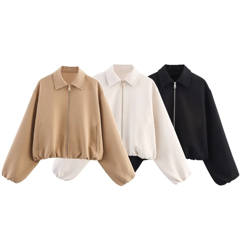 Chaqueta Con Cremallera De Color Sólido Para Mujer Solapa Manga Larga Abrigo Corto Informal Elegante Dobladillo Elástico