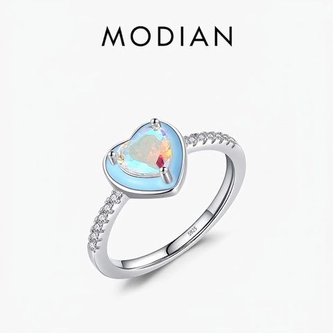 Anello In Argento Sterling 925 A Forma Di Cuore Con Zircone Arcobaleno E Smalto Blu Chiaro Per Donna Regalo Di Moda