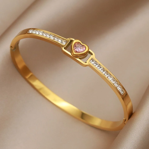 Heart Cubic Zirconia Bangle Bracelet Titanium Steel Gold Plated Baguette Stone Fashion Cuff Jewelry For Women