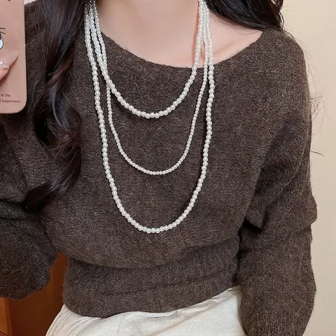 Collana Di Künstliche Perle Multistrato Lunga Bianca Künstliche Perle Di Vetro Retro Elegante Gioielli Chiusura In Metallo Regolabile Per Donne
