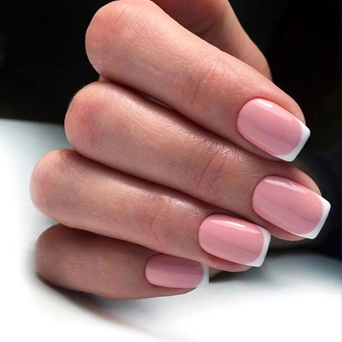 Unghie Finte A Pressione Design Francese Plastica ABS Lucida Rosa Bianco Quadrato Arrotondato Con Lima E Adesivi Per Colla Gel
