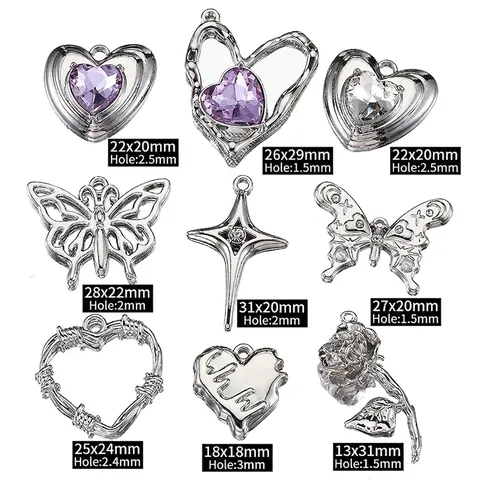 Alloy Rhinestone Heart Butterfly Charms For DIY Jewelry Making Silver Color Y2K Style Pendants