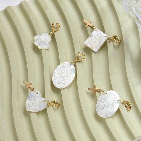 Natural Mother Of Artificial Pearl Pendant Charms Religious Virgin Mary Embossed Gold Plated Cross Heart Cat Paw DIY Jewelry Findings
