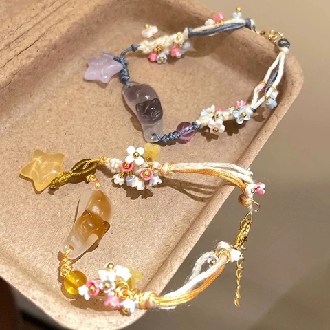 Handgefertigtes Geflochtenes Armband Harz Katze Stern Anhänger Verstellbar Blumenperlen Süßer Schmuck Für Frauen Mädchen