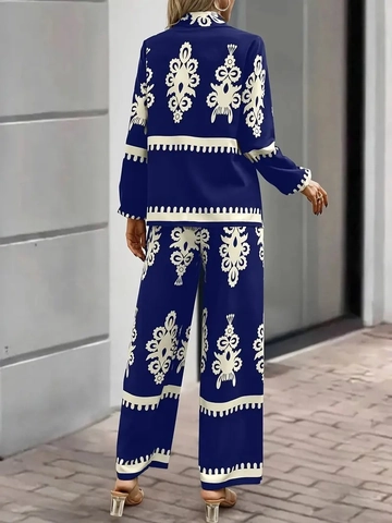 Camicia A Maniche Lunghe E Pantaloni A Gamba Larga Con Stampa Geometrica Da Donna Poliestere Elegante Casual
