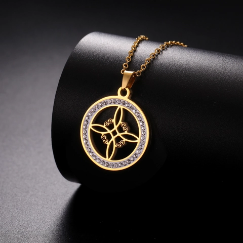 Edelstahl Hexenknoten Anhänger Halskette Rund Hohl Zirkonia Strass Keltischer Knoten Schmuck Für Damen Täglich Geschenk