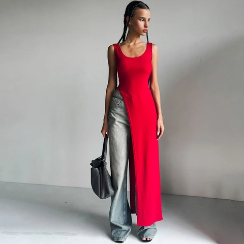 Women Sleeveless Maxi Dress Side High Slit Bodycon U Neck Polyester Spandex Summer Streetwear Sexy Slim Fit Solid Color