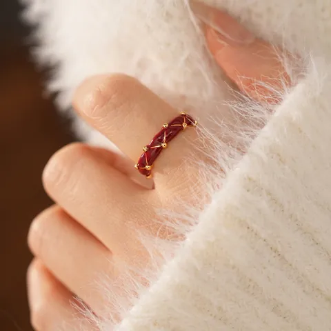 Anello In Rame Smalto Rosso Retrò Placcato Oro Trapuntato Regolabile Aperto Gioielli Di Moda Per Le Donne