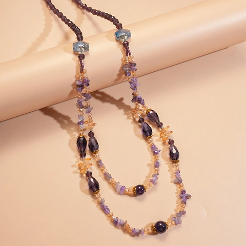 Handmade Amethyst Glass Beaded Long Necklace Multi-Layer Crystal Chips Retro Bohemian Style Jewelry For Women