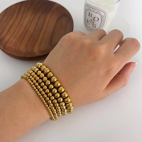 18K Gold PVD Plated 316L Stainless Steel Beaded Bracelet For Women Waterproof Simple Ball Bead Elastic Trendy Jewelry