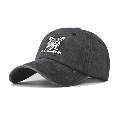 Washed Cotton Baseball Cap Embroidered Cat Dog Face Vintage Distressed Adjustable Sun Hat Casual Unisex