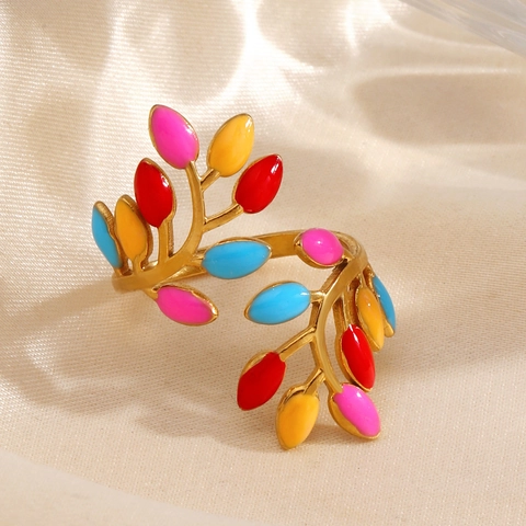 Exaggerated Stainless Steel Adjustable Enamel Leaf Ring For Women Gold Plated Nature Inspired Colorful Finger Jewelry