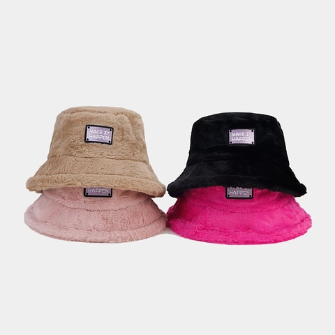 Cappello Da Pescatore In Peluche Pelliccia Sintetica Caldo Inverno Morbido Retro Etichetta Lettera Moda Semplice Per Donna