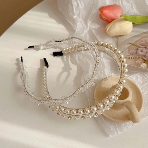 Elegant Double Layered Headband With Faux Artificial Pearl Crystal Rhinestone Floral Design For Women French Style Hair Accessory