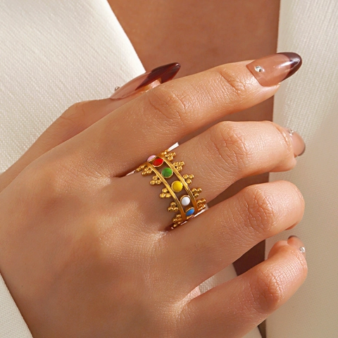 Verstelbare Roestvrijstalen Open Ring Voor Dames Emaille Meerkleurig Geometrisch Rond Holle Kroon Sieraden