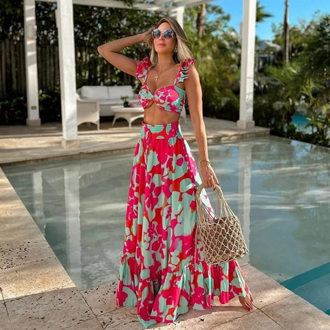 Floral Print Bikini Swimsuit With Ruffles High Waist And Matching Beach Skirt Nylon Polyester Tropical Vacation Women