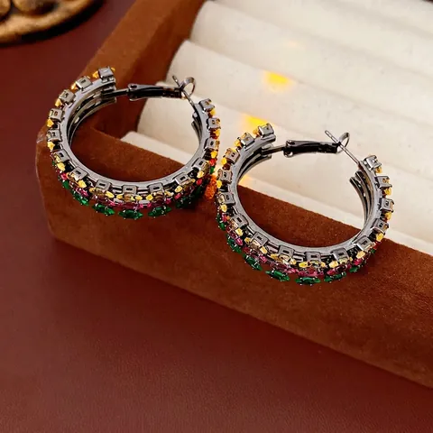 Multicolor Zirconia Hoop Earrings Vintage Luxury Triple Row Vertical Stones Copper With Silver Earring Post For Women