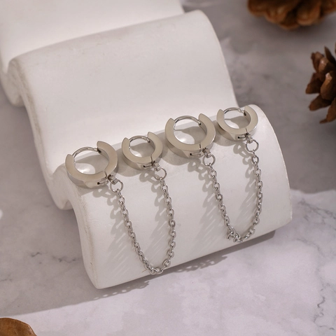 304 Stainless Steel Double Piercing Hoop Earrings With Chain Geometric Punk Rock Style For Women Jewelry Hypoallergenic