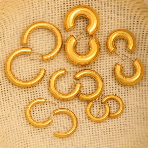 Pendientes De Aro Gruesos Acero Inoxidable Chapado En Oro 18K Forma C Geométrico Minimalista Moderno Joyería Para Mujer