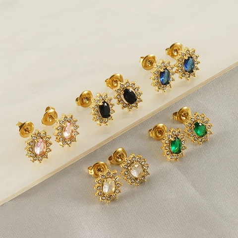 Sun Flower Oval Zircon Stud Earrings 18K Gold Plated Stainless Steel Vintage Halo Retro Jewelry For Women