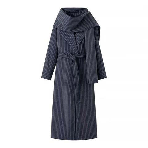 Manteau Long À Rayures Avec Col Écharpe Et Ceinture Style Britannique Élégant Vêtements D'Extérieur Amples Pour Femmes