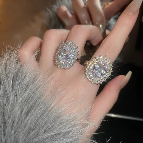 Lussuoso Anello Doppio Halo Con Zirconia Cubica Ovale Rame Placcato Oro Vintage Gioielli Da Dito Regolabili Per Donna