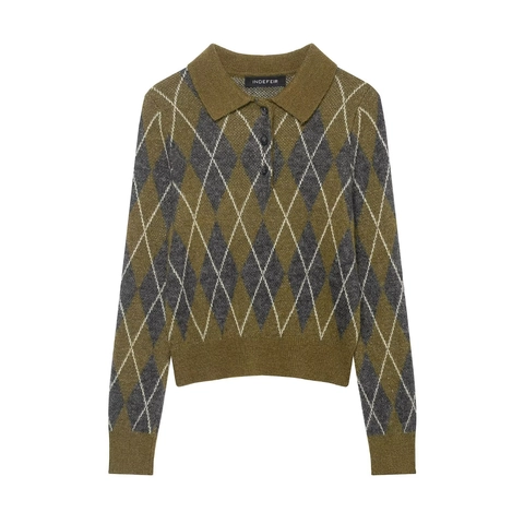 Argyle Muster Langarm Polo Strickpullover Retro Vintage V Ausschnitt Knopf Pullover Top Damen