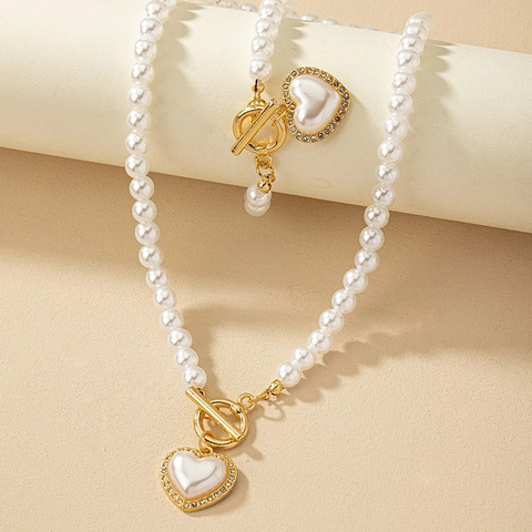 Elegante Set di Gioielli in Perle Artificiali a Cuore per Donna Vintage in Lega d'Oro Strass Collana Bracciale Set Accessori Matrimonio