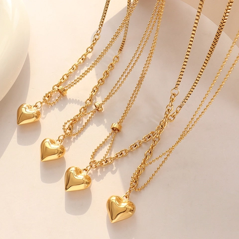 Collana Pendente Cuore 3D In Acciaio Titanio Placcato Oro 18K Catena Mista Perline Maglie Incisione Luck Gioielli Donna