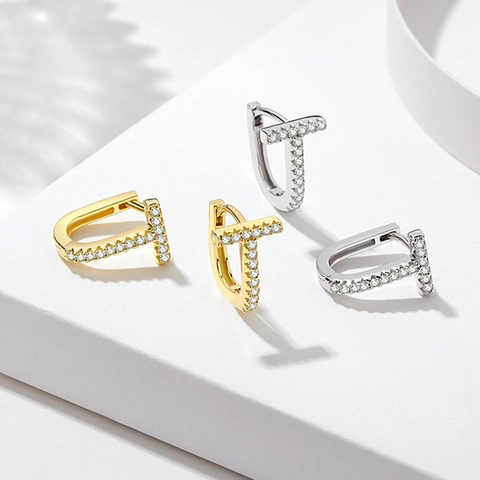 Orecchini A Cerchio A T Con Zirconi E Perno In Argento Sterling 925 Gioielli In Rame Minimalisti Placcati Oro