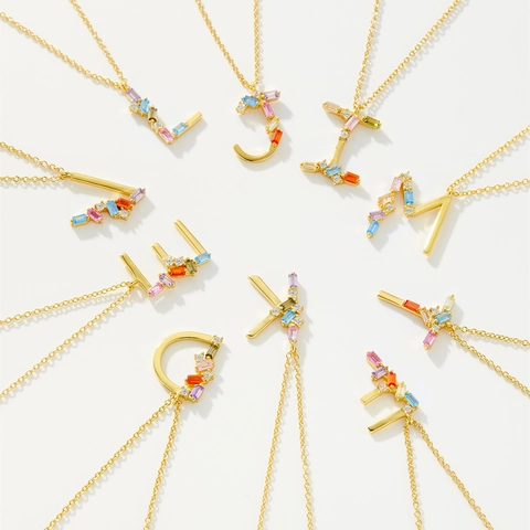 925 Sterling Silver Initial Pendant Necklace For Women Colorful Zirconia Alphabet Letter Gold Plated Minimalist Fashion Jewelry
