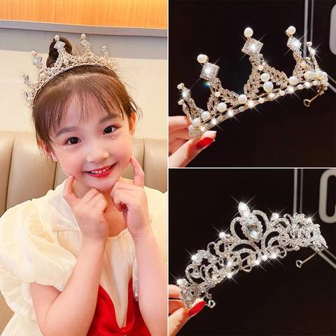 Serre-Tête Couronne De Princesse Pour Filles Alliage Strass Künstliche Perle Synthétique Elégant Accessoire Fête Anniversaire Spectacle