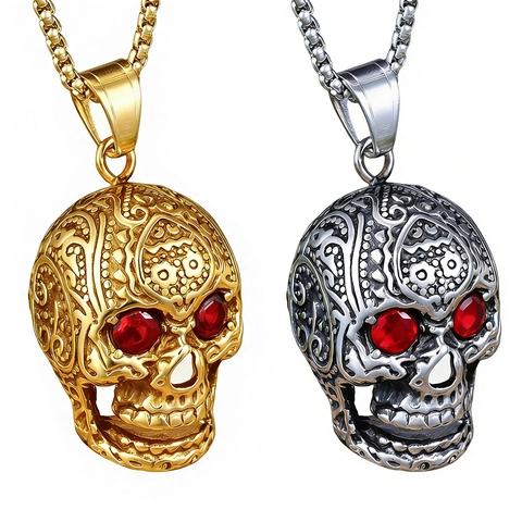 Collana Con Pendente Teschio Gotico In Acciaio Inossidabile Con Occhi In Pietra Preziosa Rossa Gioielli Punk Per Uomini Donne