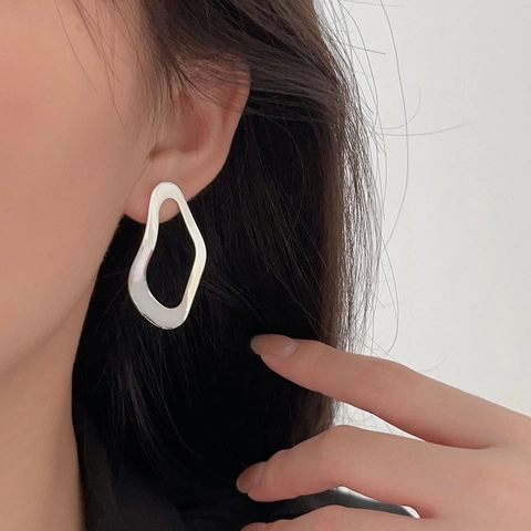925 Sterling Silver Earrings Irregular Geometric Hollow Liquid Metal Water Drop Minimalist Studs For Women