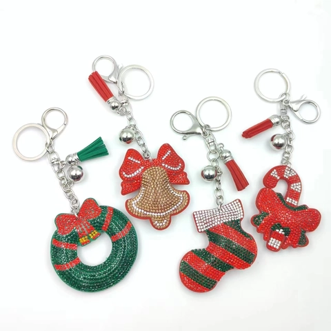Christmas Series Alloy Rhinestone Keychain Cartoon Santa Claus Christmas Tree Bell Bag Pendant With Tassel Decoration Accessory