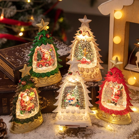 Christmas Tree Snow Globe LED Glowing Water Ball Desktop Ornament Retro Gold Base Resin Glass Decorative Festive Night Light